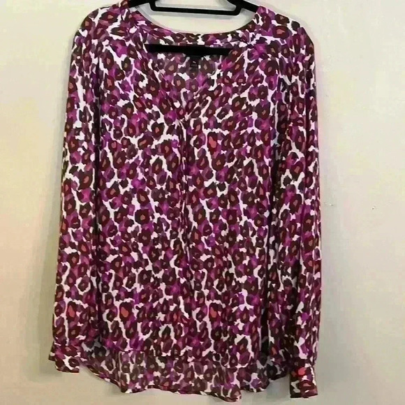 Worthington Tops - Worthington Colorful Leopard Print Top Purple Brown Hot Pink Long Sleeve Blouse